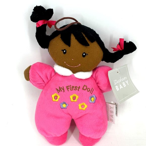 Stephan Baby My First Doll Soft Plush Rattle Black Hair African American NWT New - Picture 1 of 6